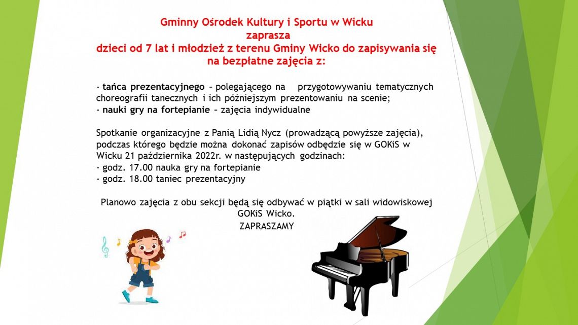 Grafika #0: Zajęcia nauki gry na fortepianie i tańca prezentacyjnego.