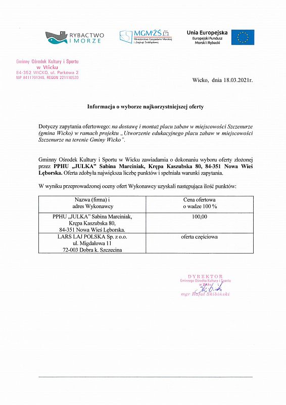 Grafika #0: Informacja o wyborze najkorzystniejszej oferty - dostawa i montaż placu zabaw w miejscowości Szczenurze (gmina Wicko)