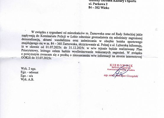 Komunikat Komisariatu Policji z Łeby grafika